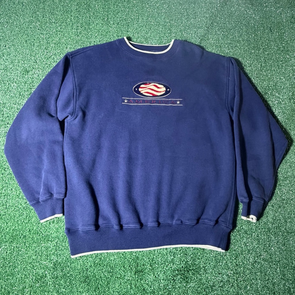 MC Sport America Sweatshirt Navy Blue Embroidered Flag Pullover Mens Large